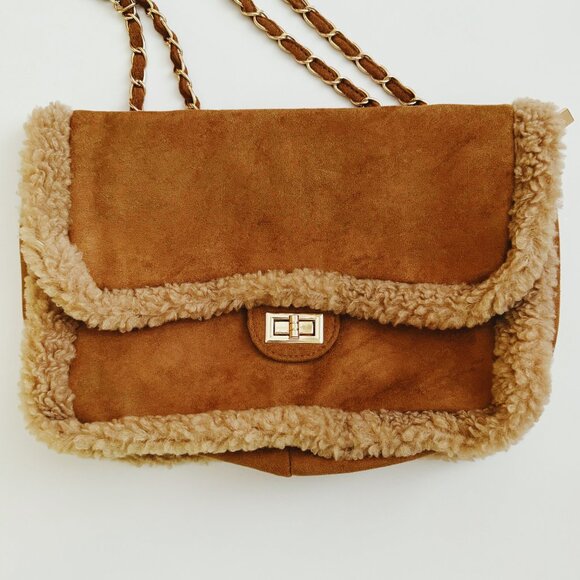NWT - Luxe Sherpa Faux Fur Trim Chain Shoulder Bag - Brown/Tan - Picture 2 of 8